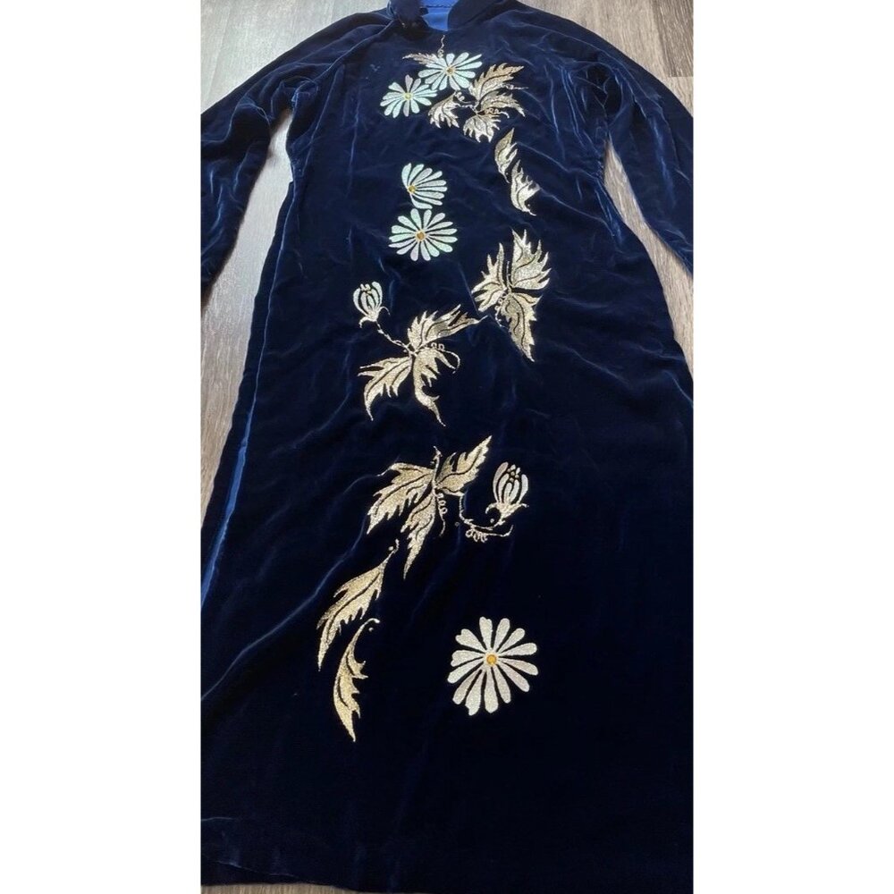 Vintage Cheongsam Long Dress Sz S Blue Velvet Asian Mandarin White Daisy Sparkle
